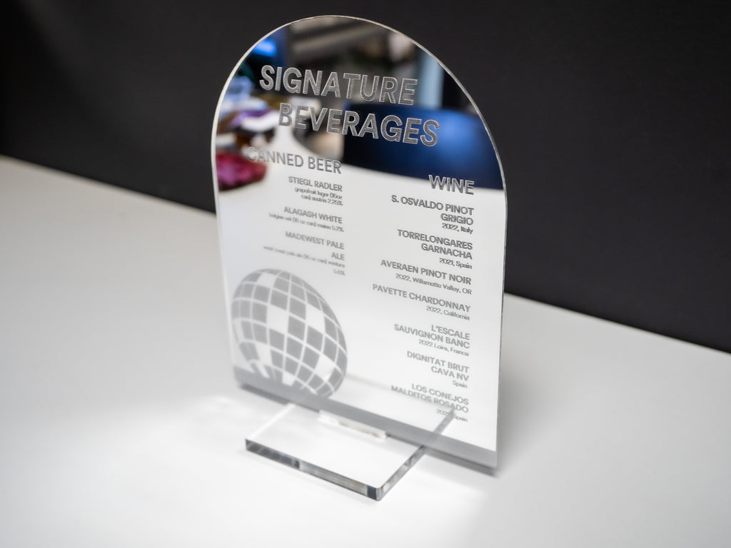 Custom Mirrored Acrylic Bar Menu Sign | Laser Engraved Drink Menu