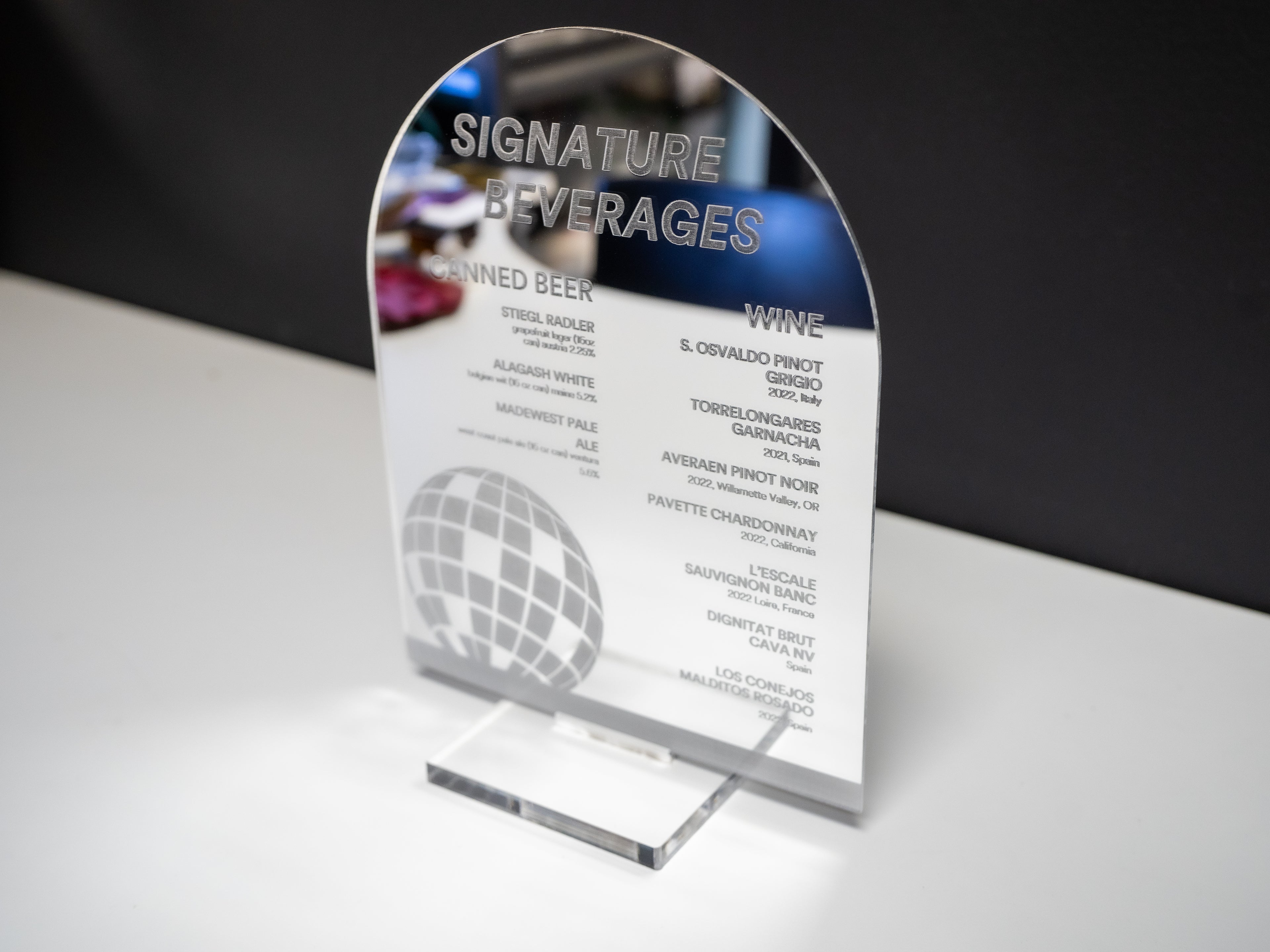 Custom Mirrored Acrylic Bar Menu Sign | Laser Engraved Drink Menu