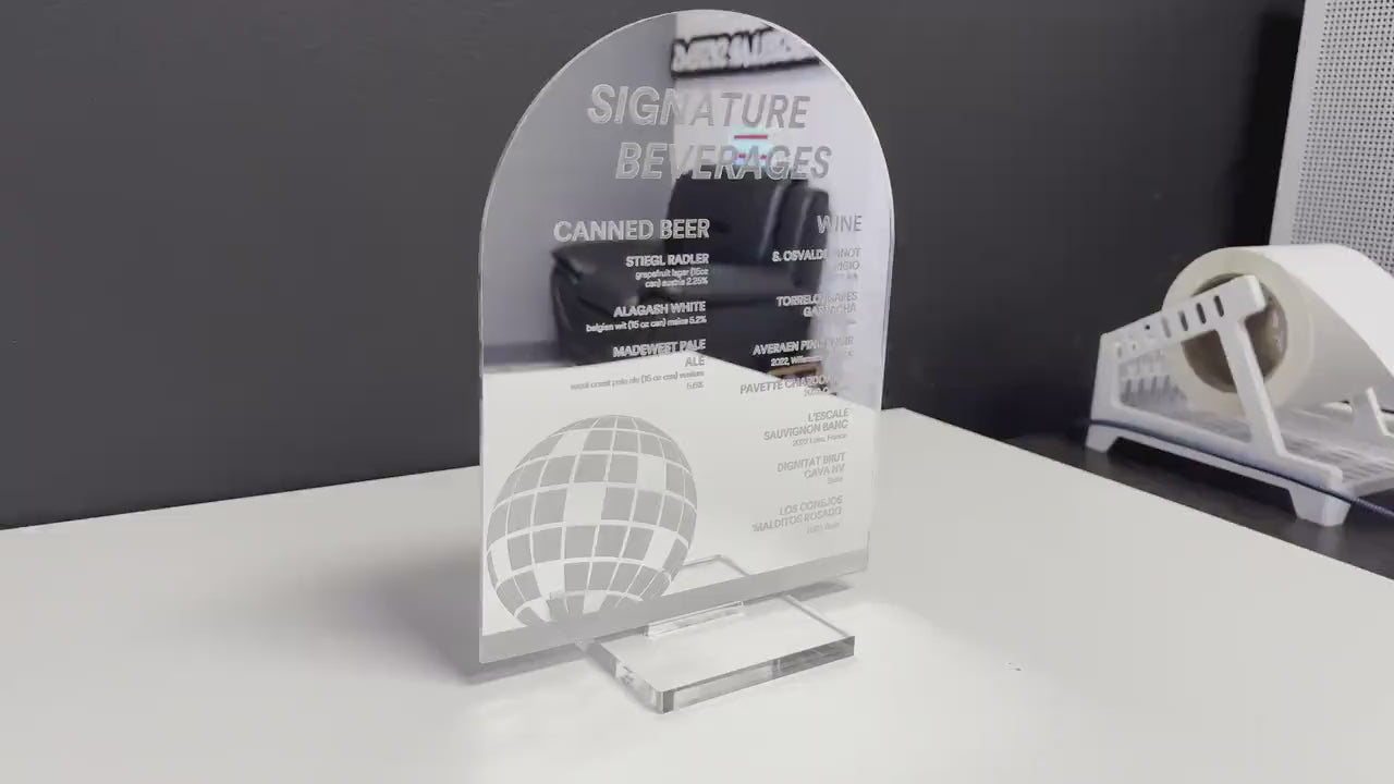 Custom Mirrored Acrylic Bar Menu Sign | Laser Engraved Drink Menu